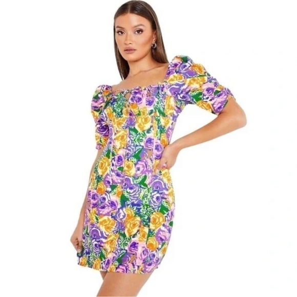 Zara Purple/Yellow/Blue Floral Print Corset Style Puff Sleeve Mini Dress - Picture 2 of 5